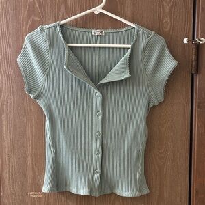 FREE PEOPLE Women's Green Button-Up Ribbed Top